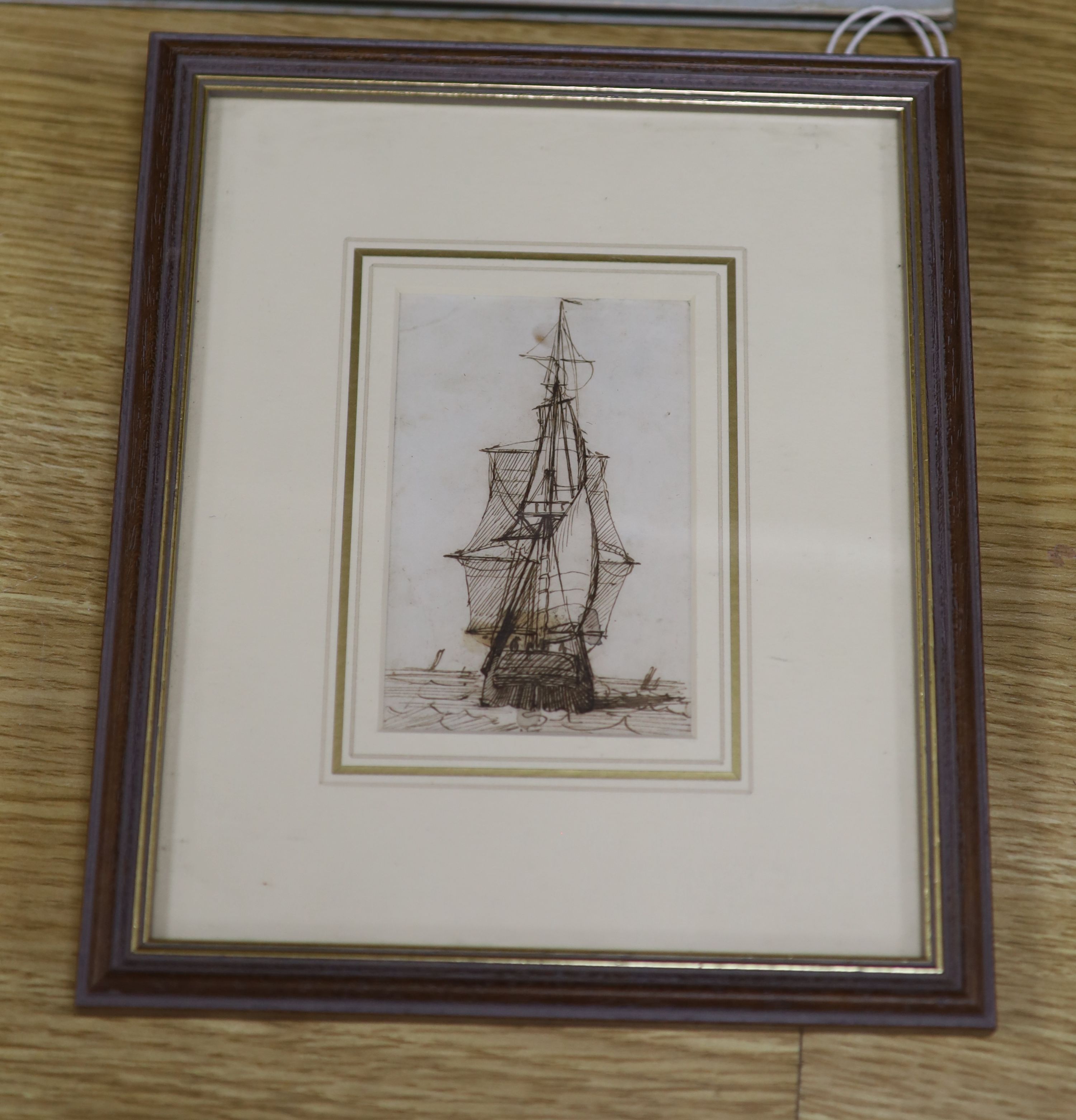 Richard Henry Nibbs (1816-1893), pen and ink drawing, Sailing ship at sea, 10 x 7cm